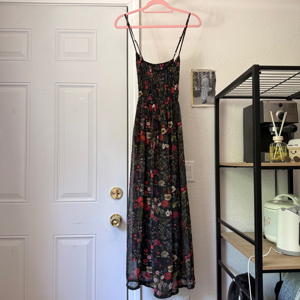 Floral Black Midi Dress with Spaghetti Straps